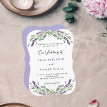 Lavender greenery violet florals wedding  invitation<br><div class="desc">A white background decorated with lavender flowers and eucalyptus greenery. Personalise and your names and details. 
Back: lavender,  violet coloured background.</div>