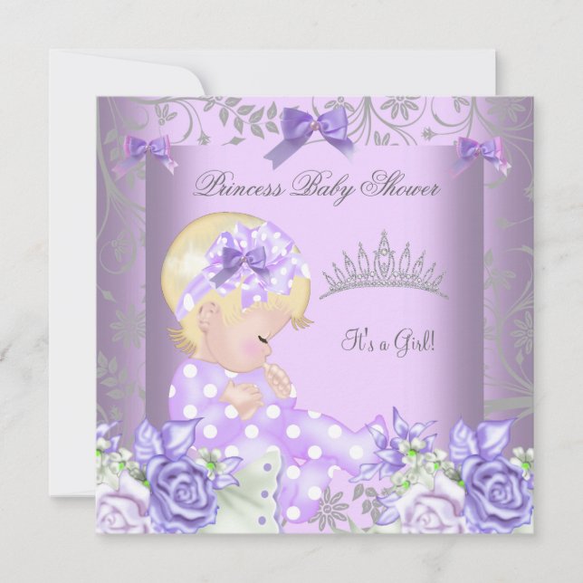 Lavender Grey Baby Shower Blonde Girl Floral Invitation (Front)