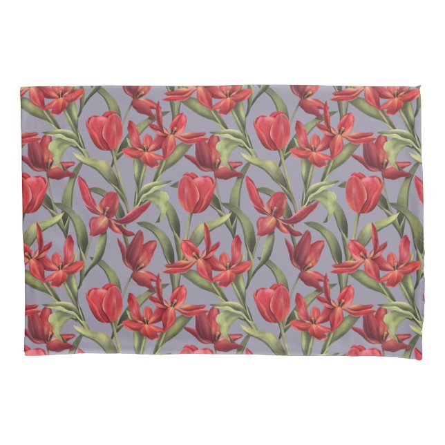 Lavender Grey background with Red Tulips Pillowcase (Front)