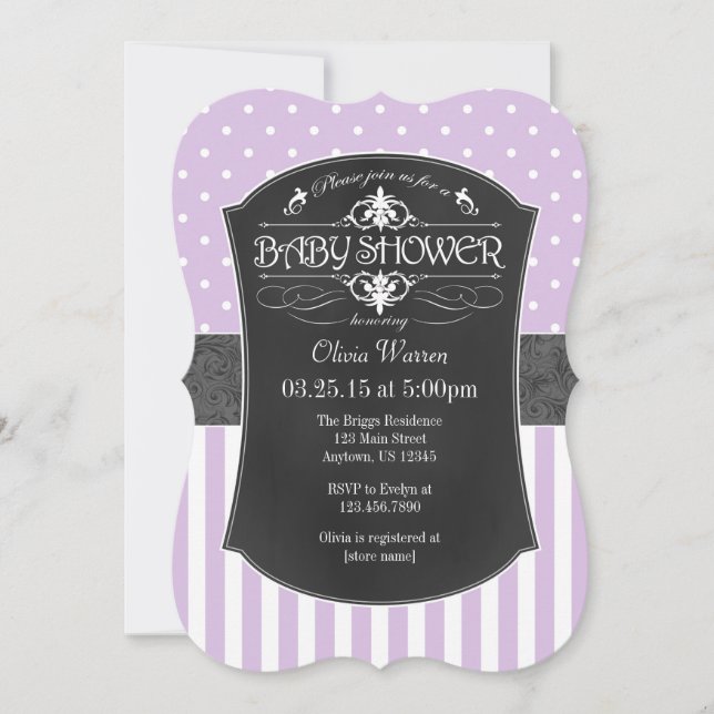 Lavender Grey Chalkboard Stripes Baby Shower Invitation (Front)