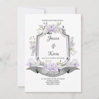 Lavender Grey Crest Swan Wedding Invitation