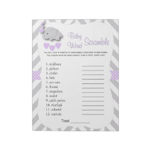 Lavender & Grey Elephant Baby Shower Word Game Notepad