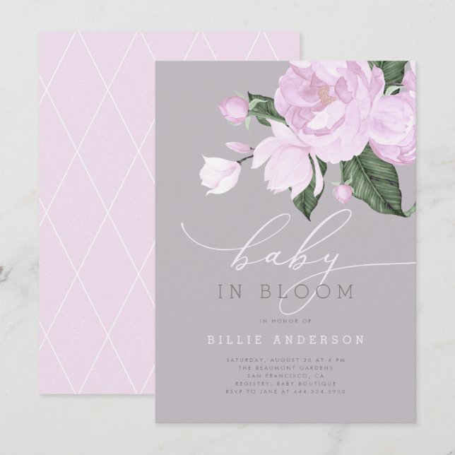 Lavender Grey Floral Baby Girl in Bloom Shower Invitation (Front/Back)