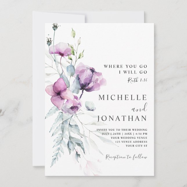 Lavender Grey Floral Bible Verse Christian Wedding Invitation (Front)