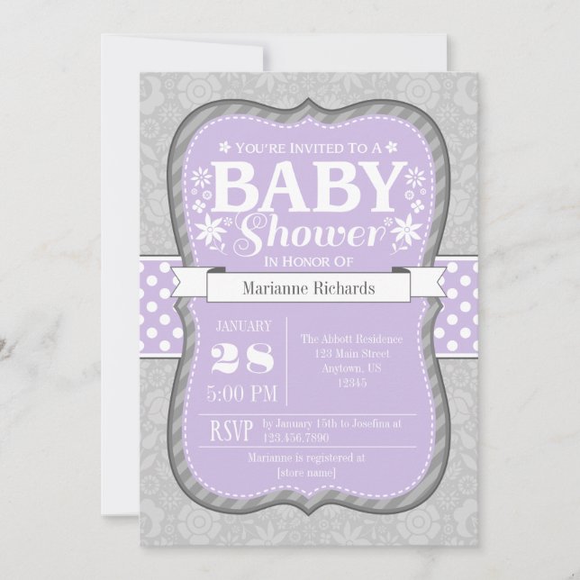 Lavender Grey Floral Flower Baby Shower Invitation (Front)