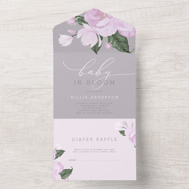 Lavender Grey Floral Girl Baby in Bloom Shower All In One Invitation (Inside)