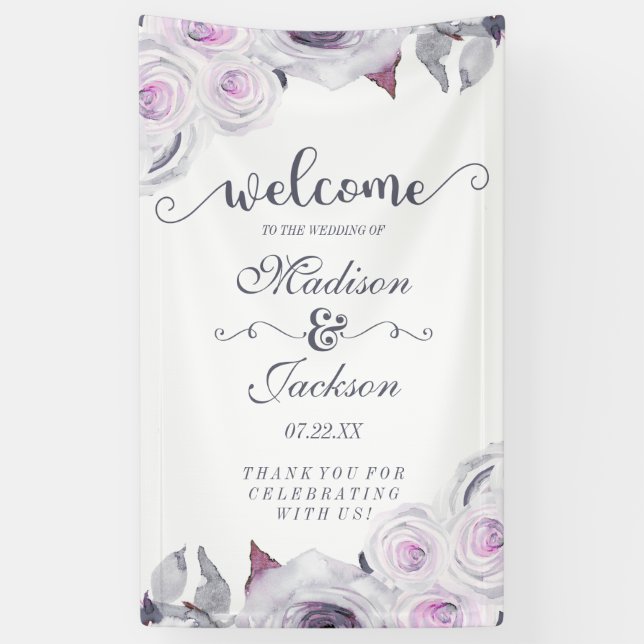 Lavender & Grey Floral Wreath Wedding Welcome Banner (Vertical)