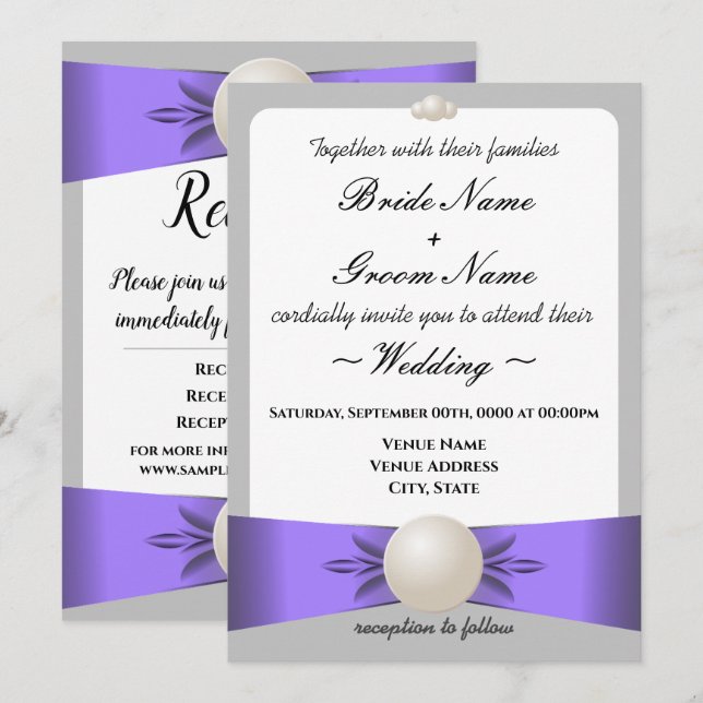Lavender & Grey Pearl Ribbon Wedding & Reception Invitation (Front/Back)