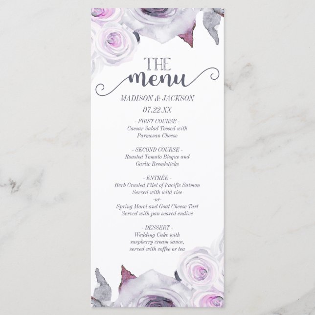 Lavender & Grey Rose Floral Wreath Wedding Menu (Front)