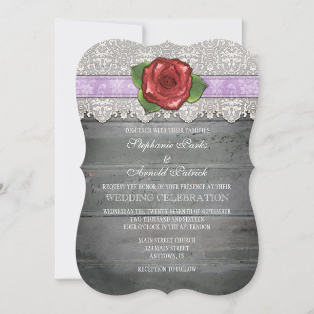 Lavender Grey Rustic Wood Rose Wedding Invite (Front)