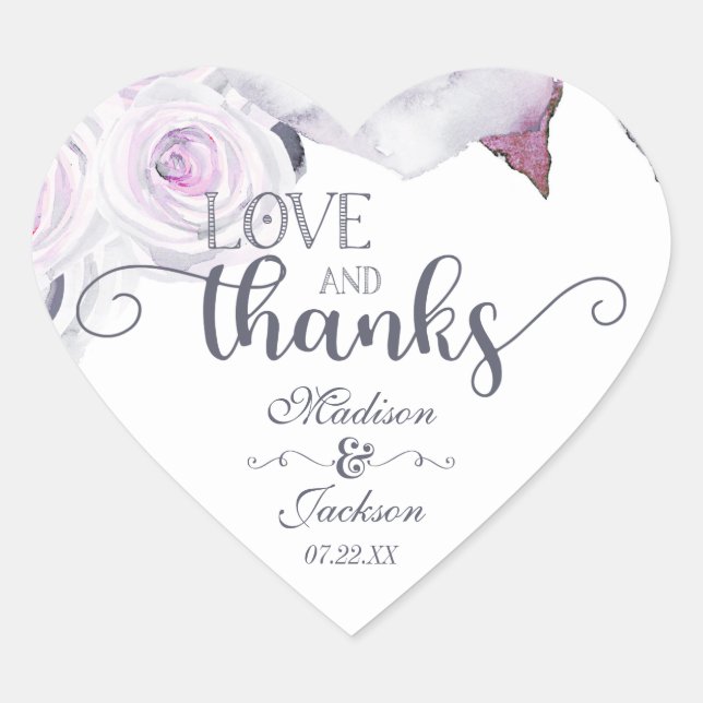 Lavender & Grey Wedding Love & Thanks Favour Heart Sticker (Front)