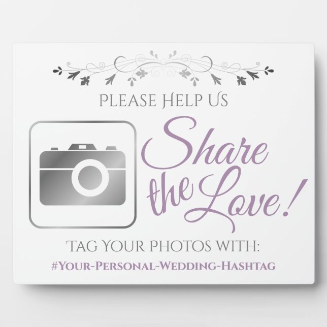 Lavender & Grey Wedding Photo Share Hashtag Sign Plaque (Front)