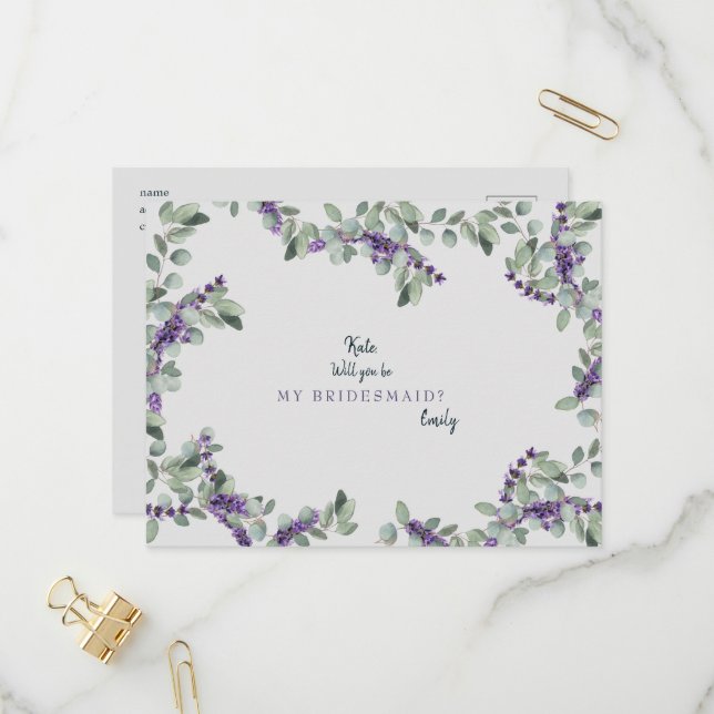 Lavender Grey Wedding Will You be My Bridesmaid Invitation Postcard (Front/Back In Situ)