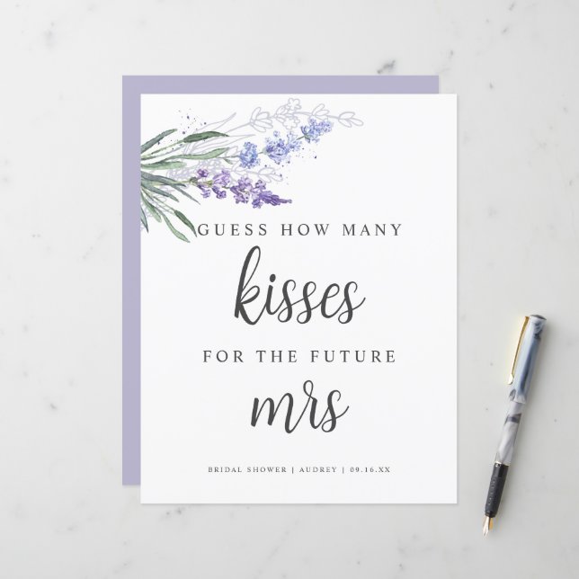 Lavender Guess How Many Kisses Bridal Shower Sign (Front/Back In Situ)