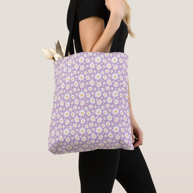 Lavender Hand Drawn Daisy Pattern Tote Bag (Close Up)