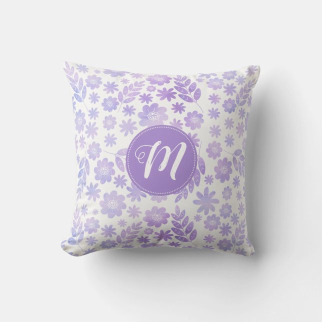 Lavender Hand Drawn Floral Pattern & Monogram Cushion (Front)
