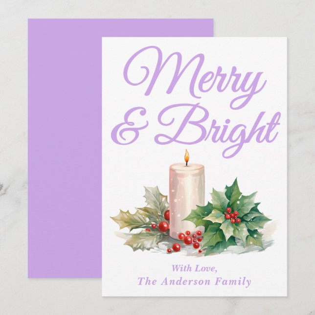 Lavender Handwritten Script Merry & Bright Holiday Card (Front/Back)
