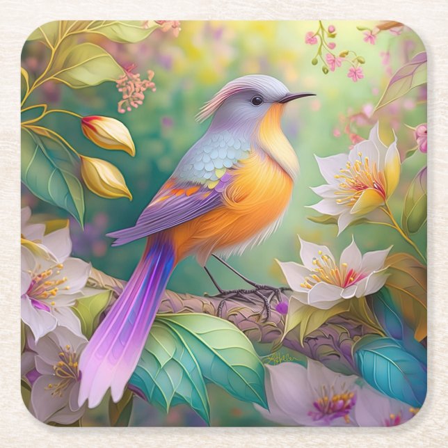 Lavender Headed Orange Breasted Fantasy Bird Square Paper Coaster (Front)