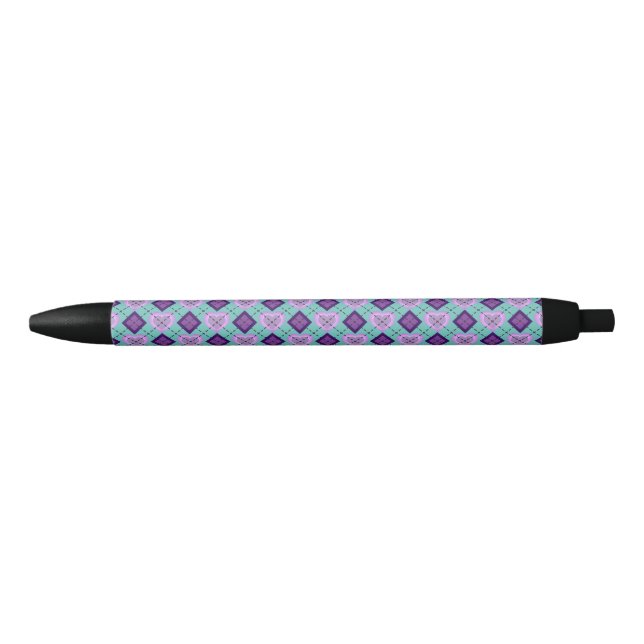 Lavender Heart and Purple Diamond Argyle Black Ink Pen (Front)