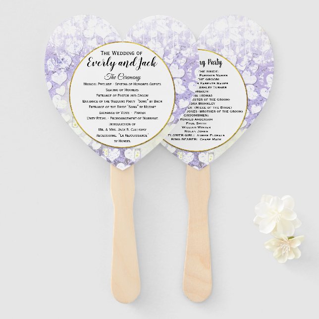 Lavender Heart Leaf Tree Wedding Program Hand Fan (Front and Back)