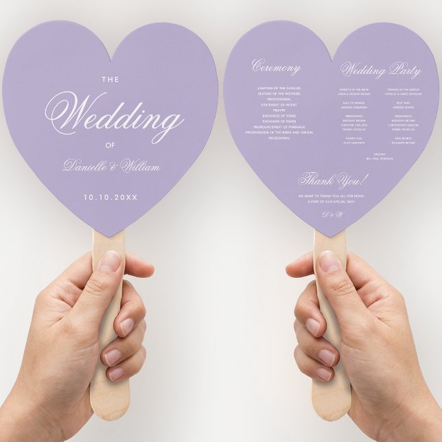 Lavender Heart Wedding Program Purple White Script Hand Fan (Creator Uploaded)