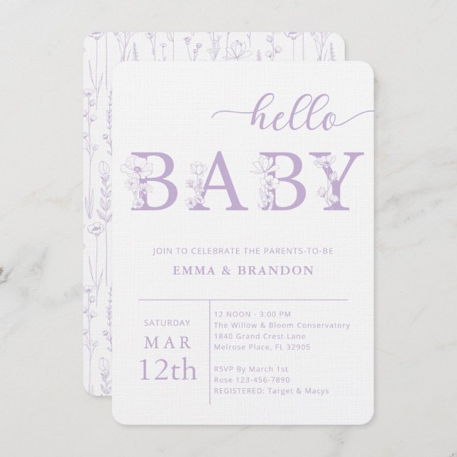 Lavender Hello Baby Wildflower Invitation (Front/Back)