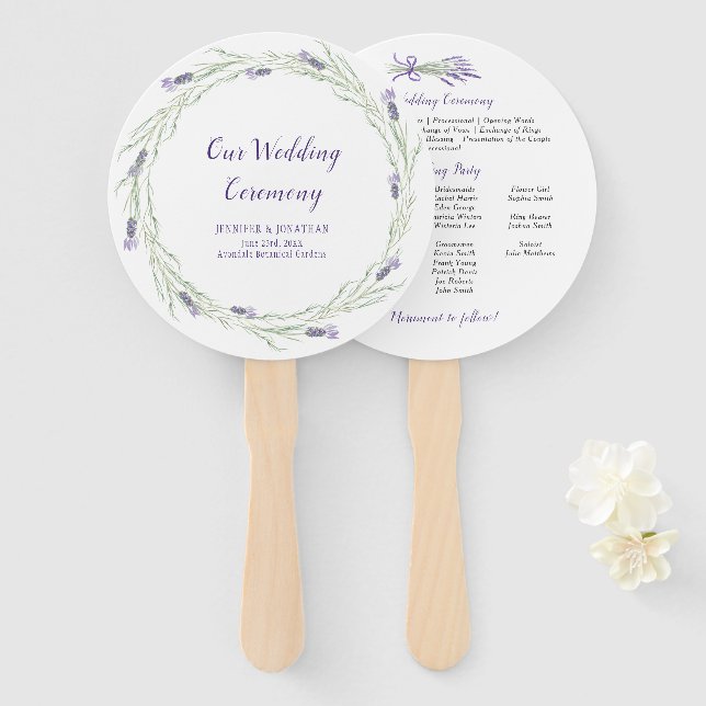 Lavender Herbs and Greenery Wreath Program Fans (Front and Back)
