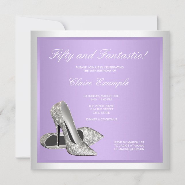 Lavender High Heels Womans 50th Birthday Invitation (Front)