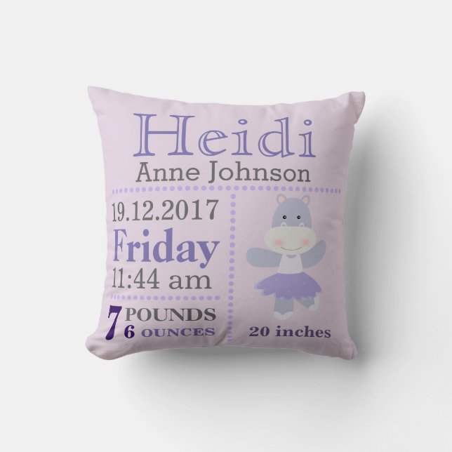 Lavender Hippo Ballerina birth announcement stats Cushion (Front)