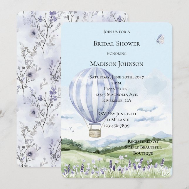 Lavender Hot Air Balloon Floral Bridal Shower Invitation (Front/Back)