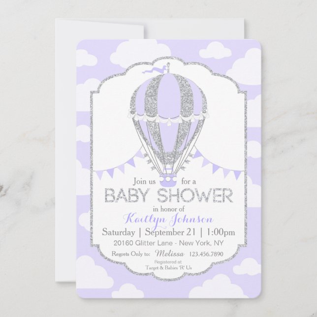 Lavender Hot Air Balloon Girl Baby Shower Invitation (Front)