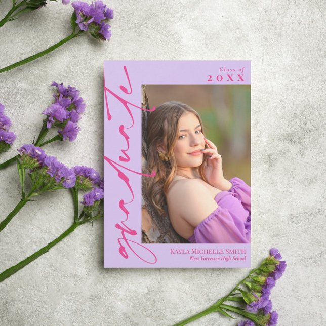 Lavender Hot Pink Calligraphy Photo Graduation Invitation (Creator Uploaded)
