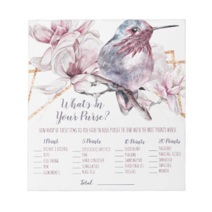 Lavender Hummingbird What's in your Purse Game Notepad