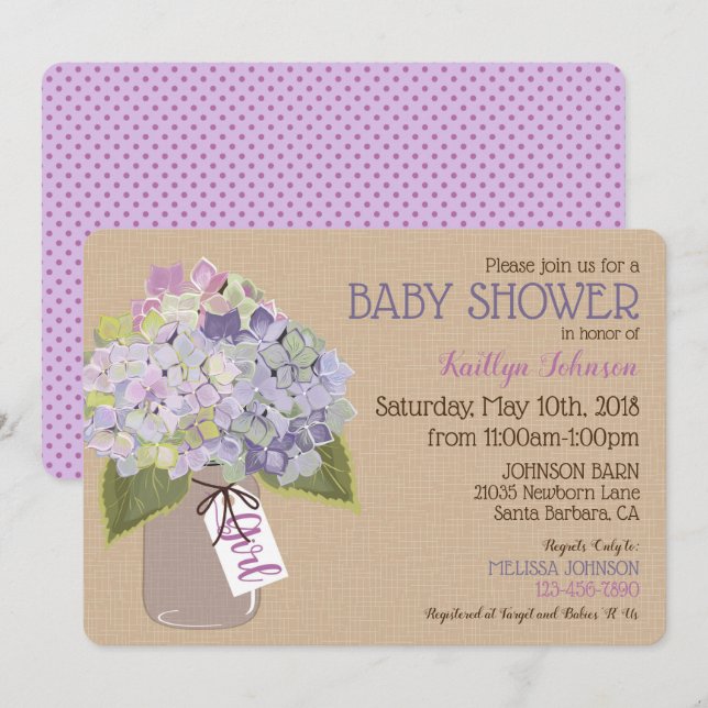 Lavender Hydrangea Mason Jar Rustic Baby Shower Invitation (Front/Back)