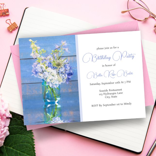 Lavender Hydrangea Reflections Birthday Invitation (Charming birthday invite: Lavender hydrangea reflects cherished memories and new beginnings.)