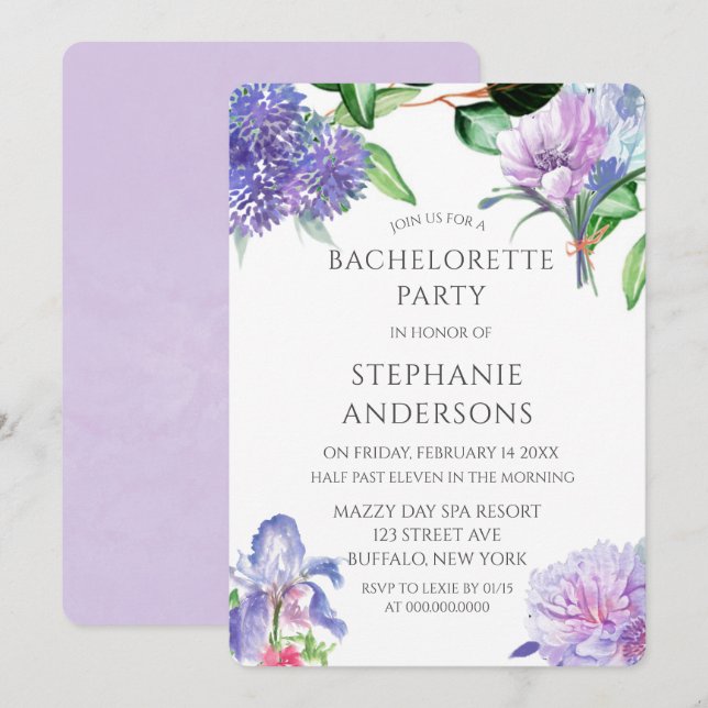 Lavender Hydrangeas Iris Rose Bachelorette Party Invitation (Front/Back)