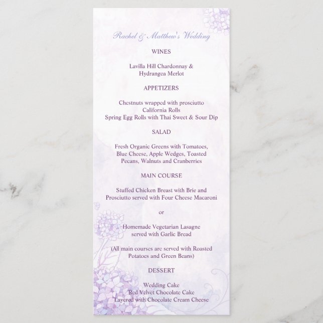 Lavender Hydrangeas Long Vertical Wedding Menu (Front)