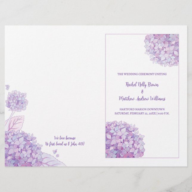 Lavender Hydrangeas White Wedding Folded Programs (Front)