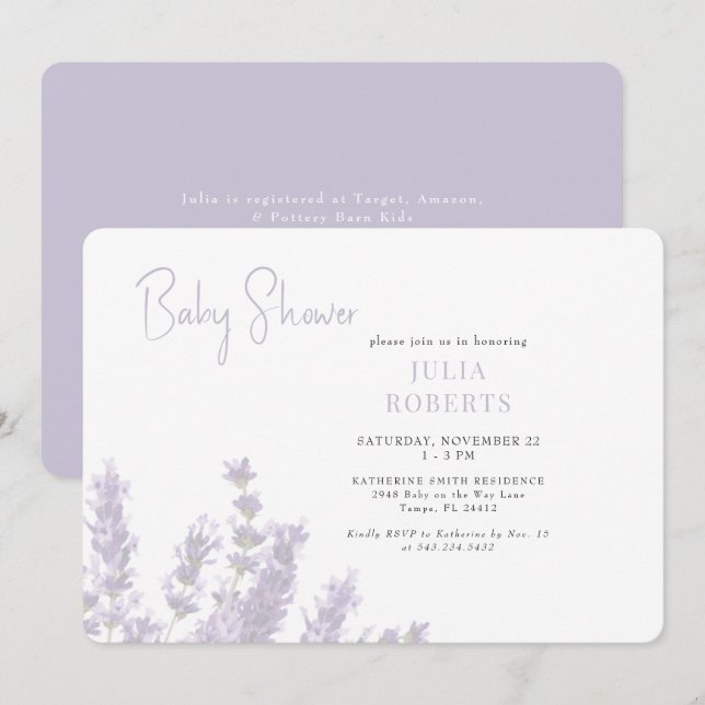 Lavender in Bloom Baby Shower Horizontal Invitation (Front/Back)