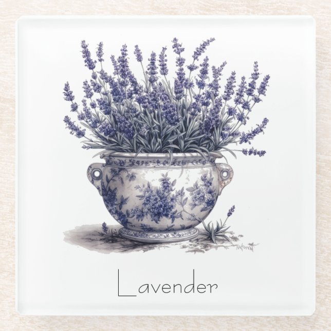 Lavender in Delft Blue customisable  Glass Coaster (Front)