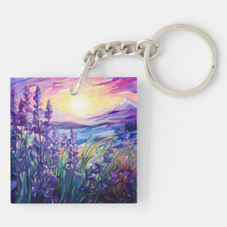 Lavender in field, mountain background keychain