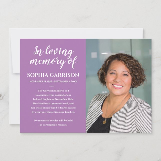 Lavender In Loving Memory Photo Death Announcement (Front)