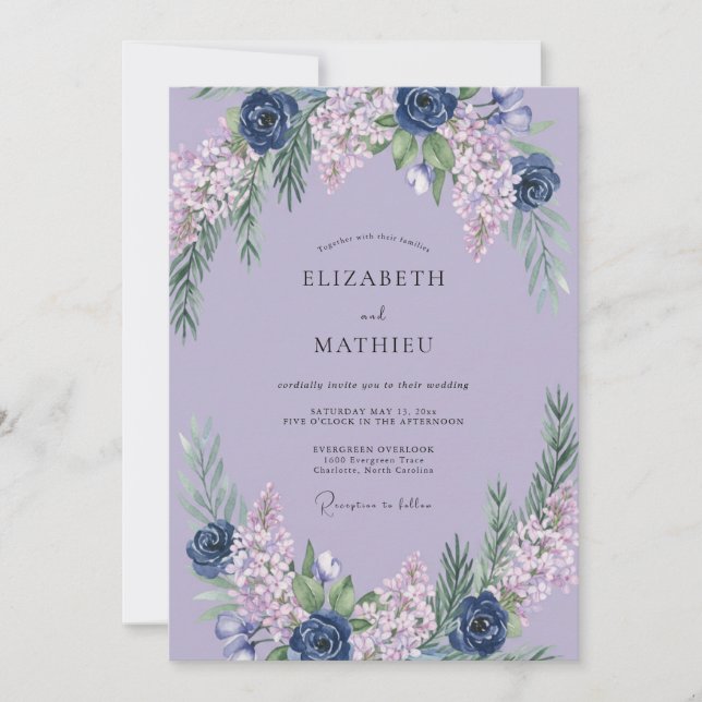 Lavender Indigo Hydrangea Eucalyptus Wedding Invitation (Front)