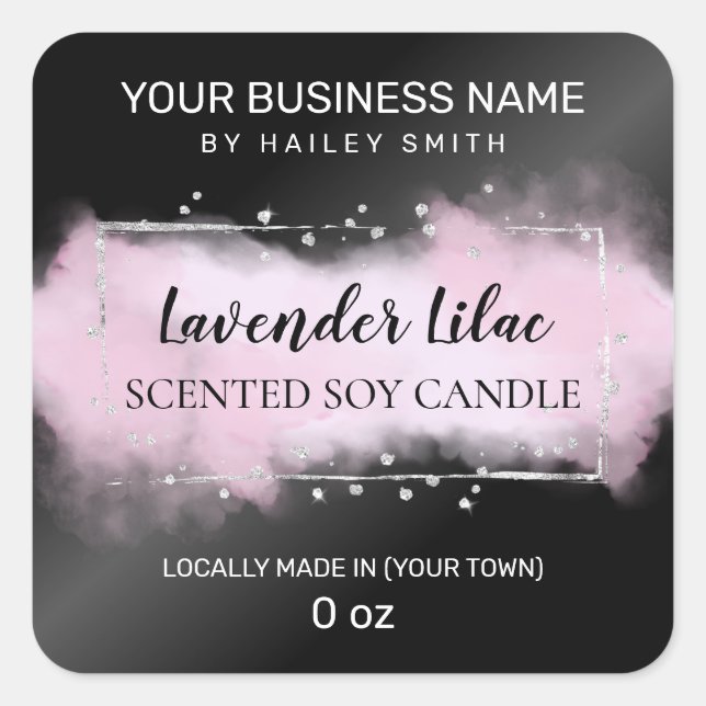Lavender Ink On Black Scented Soy Candle Square Sticker (Front)