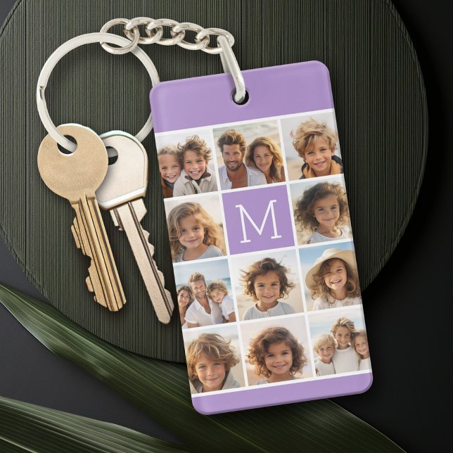 Lavender Instagram Photo Collage Custom Monogram Key Ring (Personalized Keychain with a photo collage)