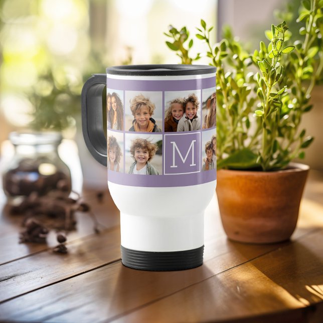 Lavender Instagram Photo Collage Custom Monogram Travel Mug (Personalized travel mug - add photos and text or customize completely)