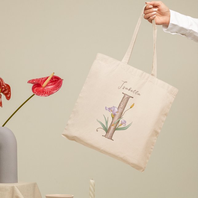 Lavender Iris 'I' Botanical Monogram Custom Name Tote Bag (Creator Uploaded)