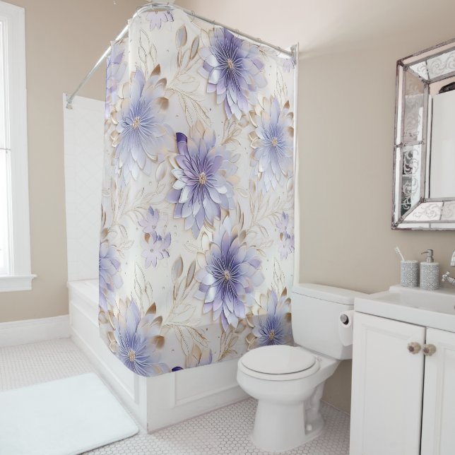 Lavender Ivory Pearl Gold Floral Shower Curtain (In Situ)