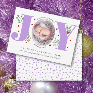 Lavender Joy First Christmas photo baby birth Announcement
