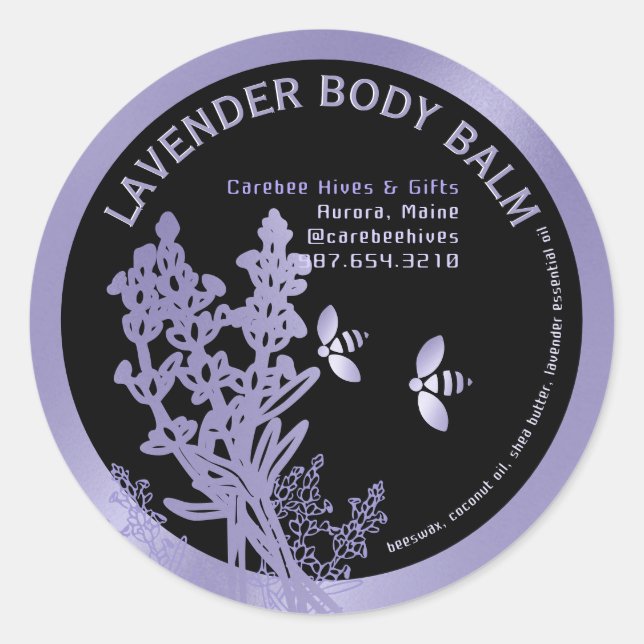 Lavender Label for Body Balm flowers and bees (Front)